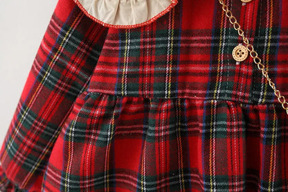 Red Plaid Baby Dress Set with Rabbit Doll for Girls