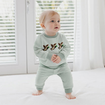 Boys' Long Sleeve Duck Embroidery Top and Striped Pants Set