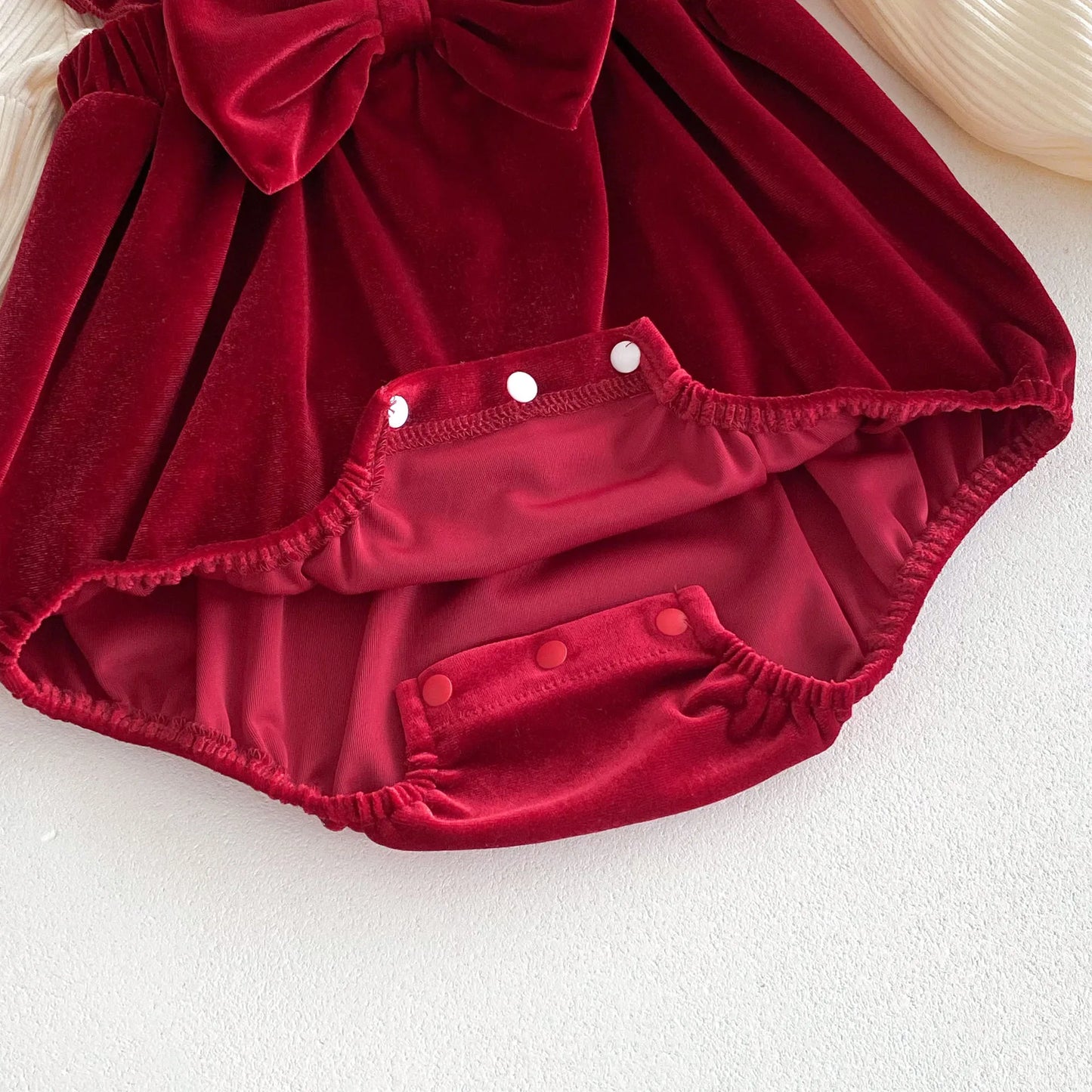 Burgundy Velvet Baby Romper with Bow and Ruffle 0-24M