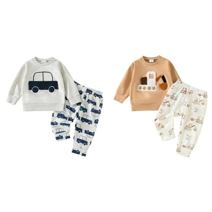 Baby Boys Fall Outfit Set - Car Embroidery Sweatshirt & Pants