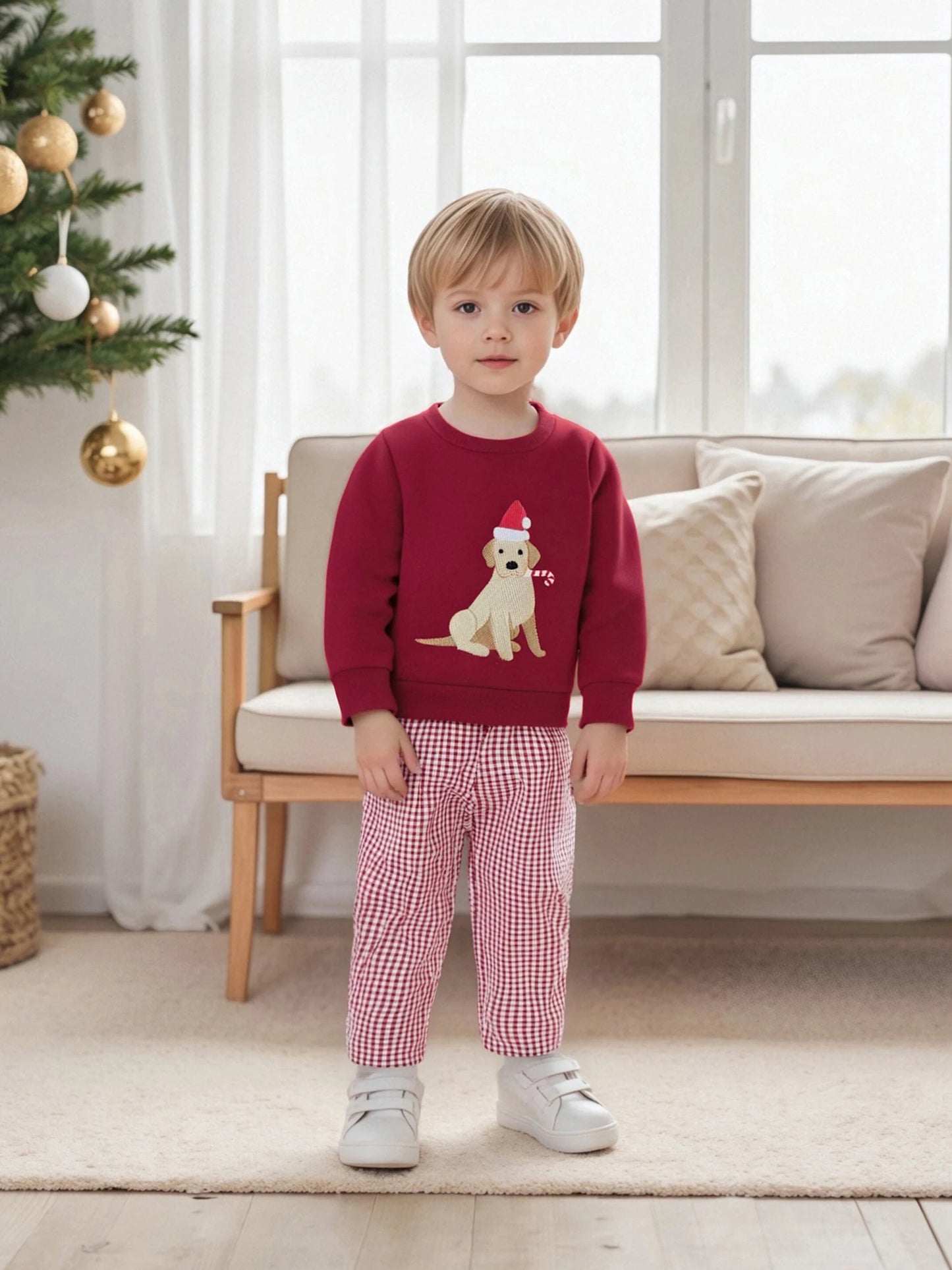 Toddler Boys' Dog Embroidered Sweatshirt & Plaid Pants Set