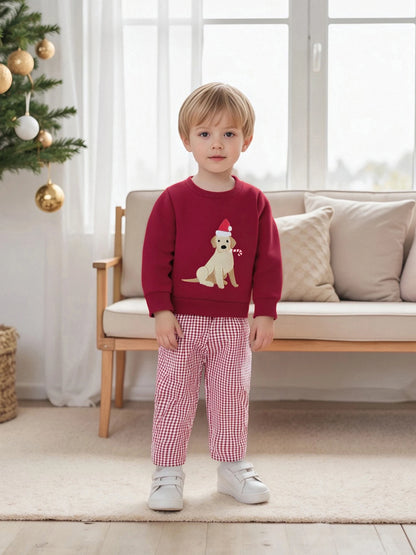 Toddler Boys' Dog Embroidered Sweatshirt & Plaid Pants Set
