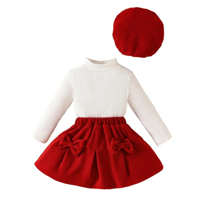 Toddler Girls Christmas Outfit Set with Bow Top and Skirt