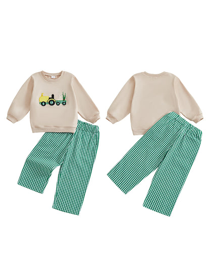 Boys' Long Sleeve Duck Embroidery Top & Plaid Pants Set