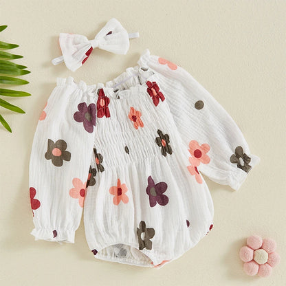Autumn Floral Ruffled Bodysuit Set for Baby Girls with Headband