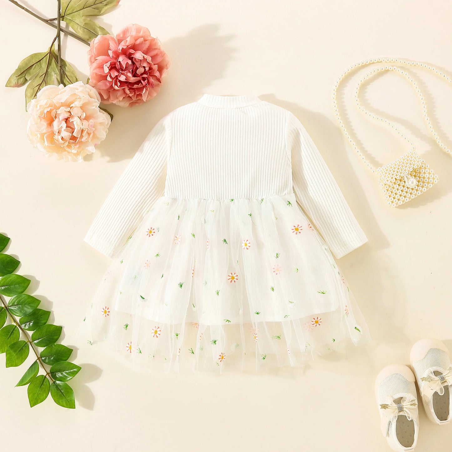 Baby Girls Floral Embroidery Long Sleeve Tulle Dress