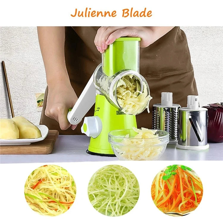 Manual Rotary Cheese Grater and Vegetable Slicer with 3 Interchangeable Stainless Steel Drums