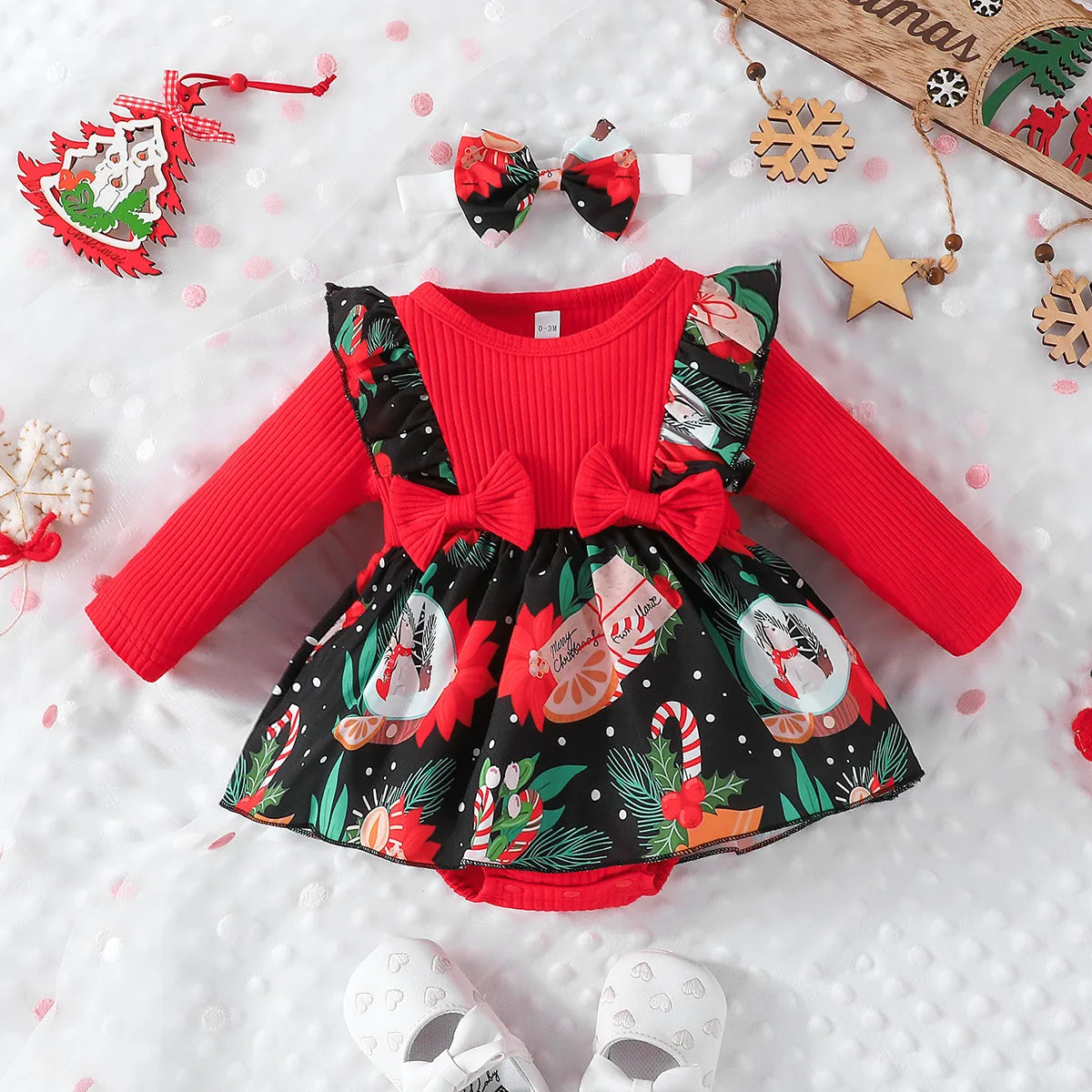 Tree Print Red Corduroy Baby Girl Dress for New Year's Eve