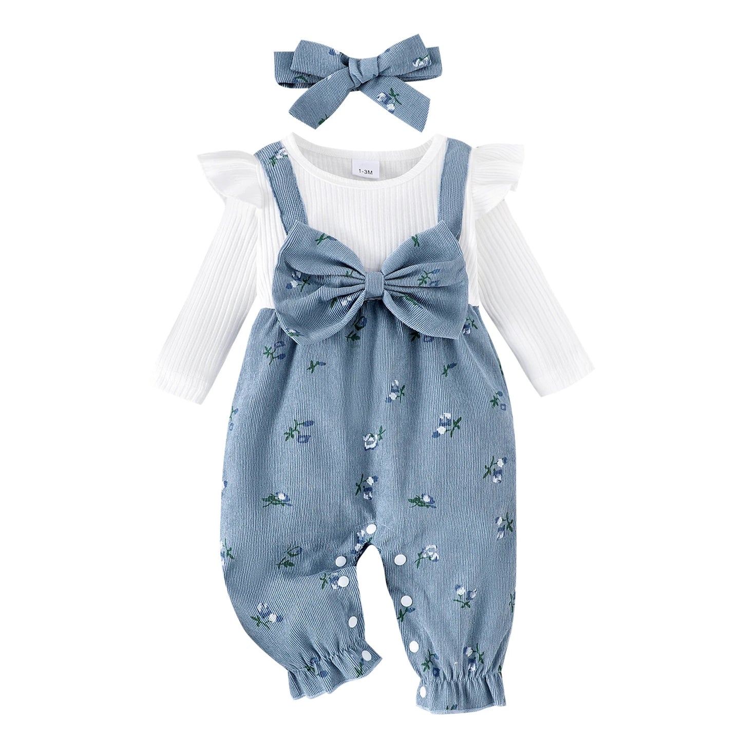 Floral Long Sleeve Romper Set for Baby Girls with Bow Headband