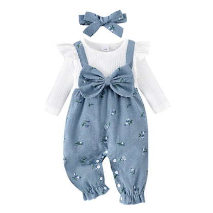 Floral Long Sleeve Romper Set for Baby Girls with Bow Headband