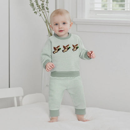 Boys' Long Sleeve Duck Embroidery Top and Striped Pants Set