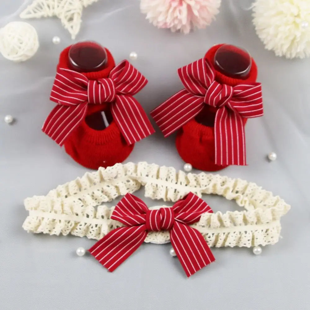 Newborn Baby Headband and Anti-Slip Bow Socks Set