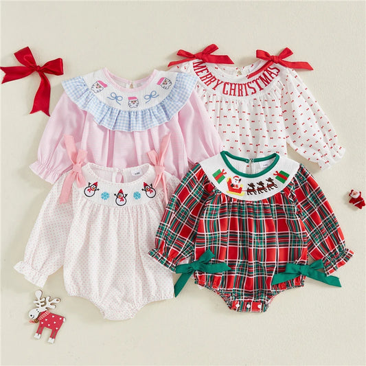 Newborn Baby Girl Christmas Santa Print Long Sleeve Romper