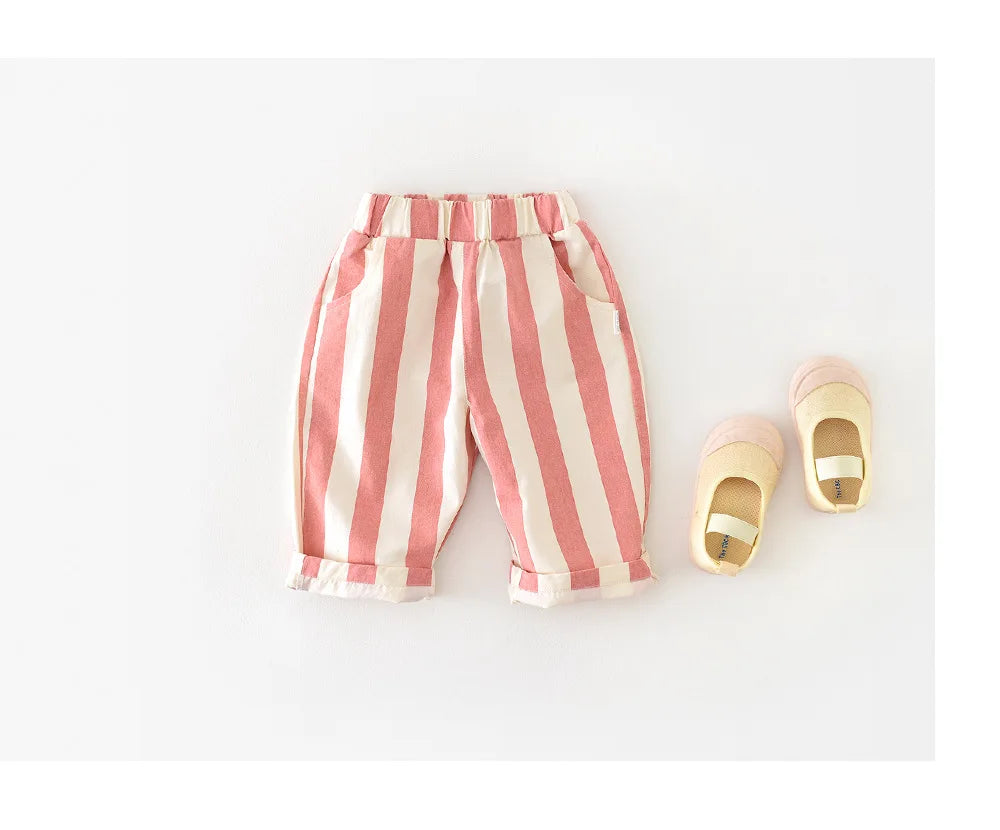 Kids' Loose Striped Cotton Pants with Pockets for Outdoor Play