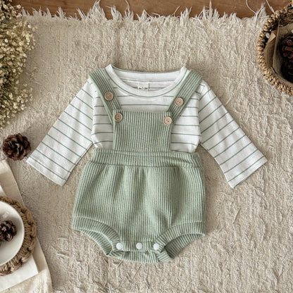 2-Piece Baby Crawling Suit Set in Green and White for 0-18 Months