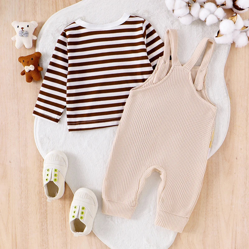 Infant Striped Bear Embroidery Overall Set for Fall 0-18M