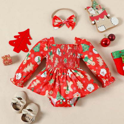 Tree Print Red Corduroy Baby Girl Dress for New Year's Eve