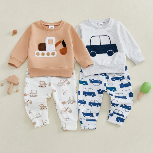 Baby Boys Fall Outfit Set - Car Embroidery Sweatshirt & Pants