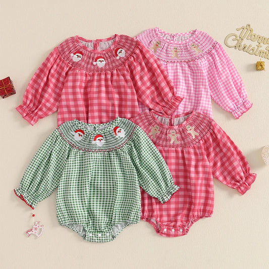 Baby Girl Christmas Plaid Bubble Romper with Embroidery
