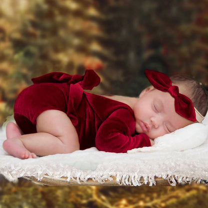 Newborn Baby Girl Burgundy Velvet Christmas Romper Set