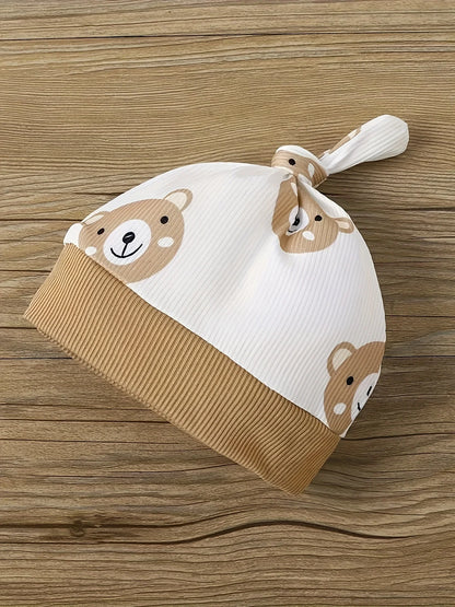 Cute Little Bear Print Baby Boy Jumpsuit, Pants, & Hat Set