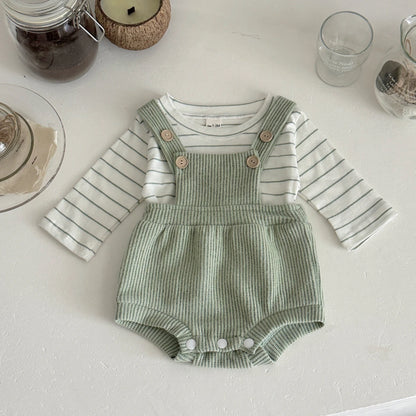 2-Piece Baby Crawling Suit Set in Green and White for 0-18 Months