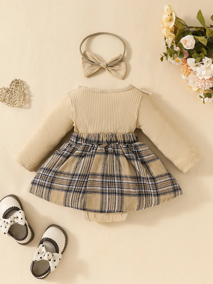Plaid Long Sleeve Jumpsuit with Bow for Baby Girls 0-18M