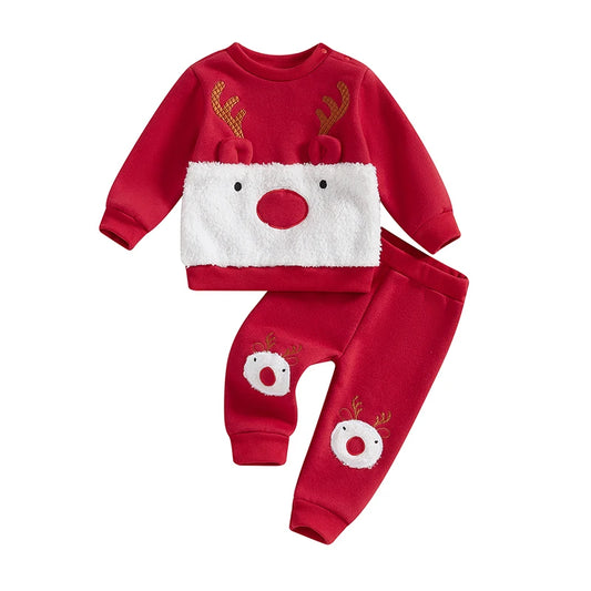 Reindeer Embroidered Toddler Christmas Outfit 2-Piece Set