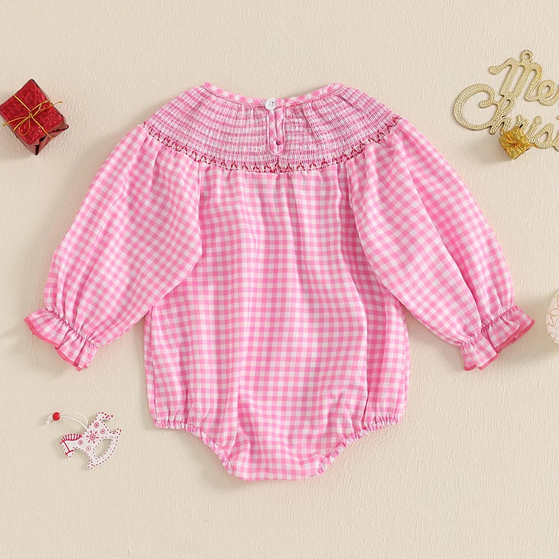 Baby Girl Christmas Plaid Bubble Romper with Embroidery