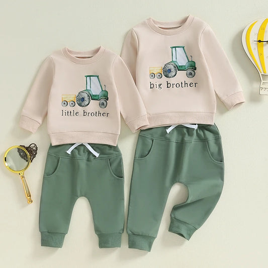 Boys' Autumn 2-Piece Tractor Print Top and Pants Set