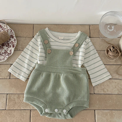 2-Piece Baby Crawling Suit Set in Green and White for 0-18 Months