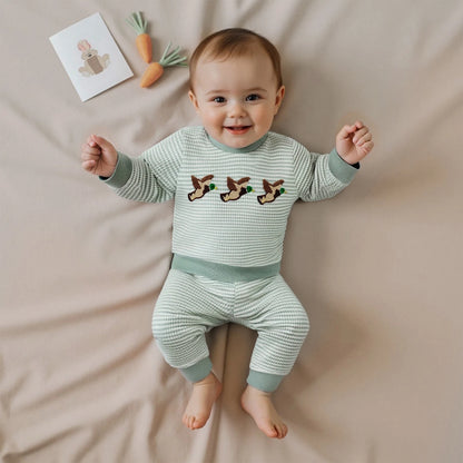 Toddler Boys' Duck Embroidery Long Sleeve Top & Striped Pants Set