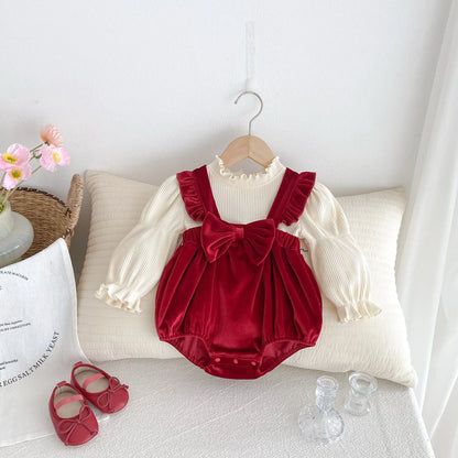 Burgundy Velvet Baby Romper with Bow and Ruffle 0-24M
