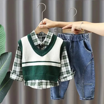 Boys' 3-Piece Autumn Outfit Set: Vest, Shirt & Jeans