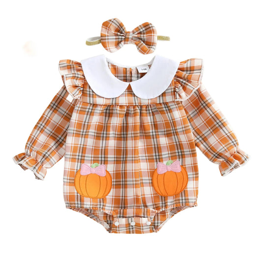 Baby Girls Plaid Romper with Embroidered Collar & Headband Set