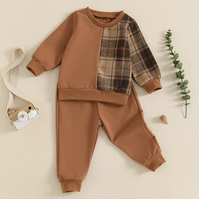 Kids Autumn Plaid Outfit Set with Long Sleeve Tops and Pants