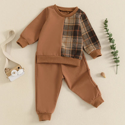 Kids Autumn Plaid Outfit Set with Long Sleeve Tops and Pants