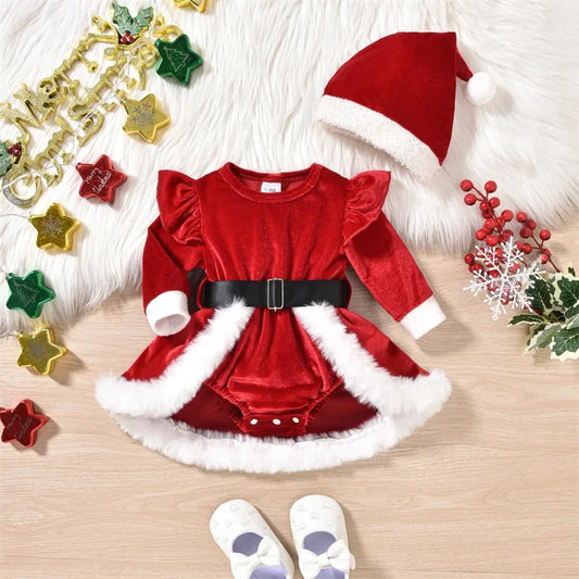 Baby Girls Christmas Velvet Romper with Santa Hat 0-18 Months