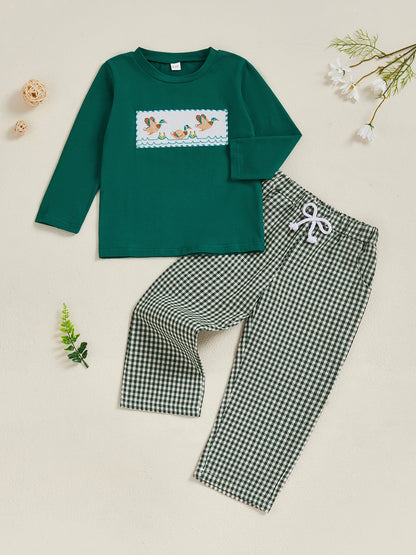 Toddler Boy Duck Embroidered Long Sleeve Top with Plaid Pants Set