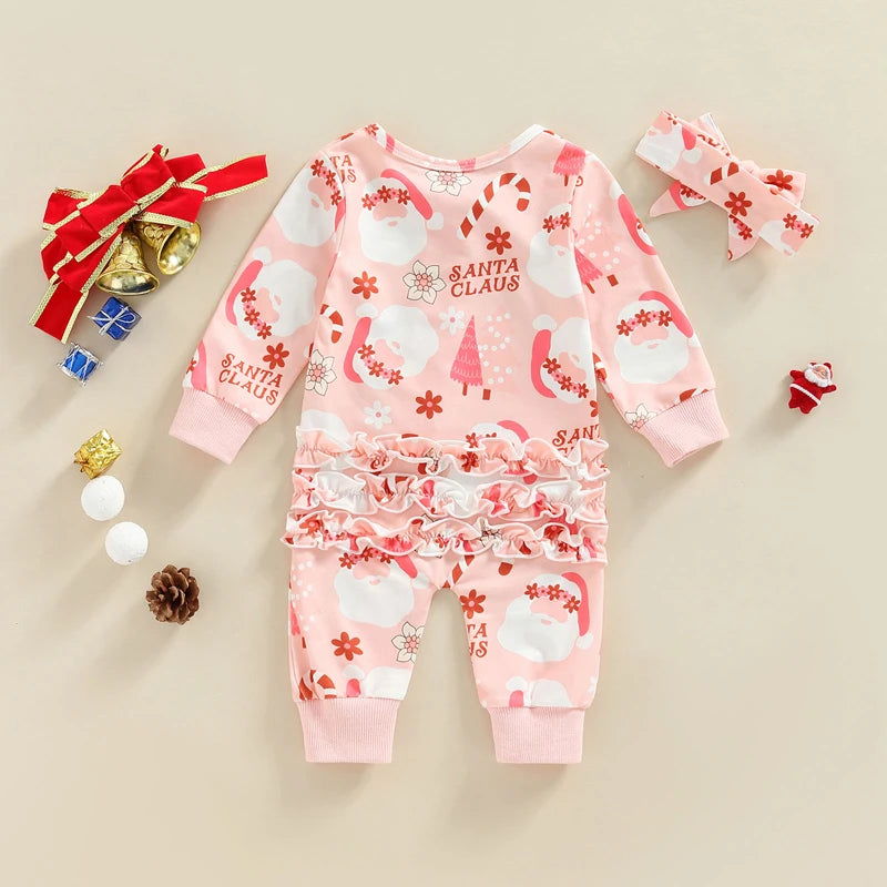 Christmas Baby Girls Jumpsuit Set with Headband and Print