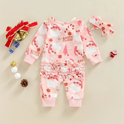 Christmas Baby Girls Jumpsuit Set with Headband and Print