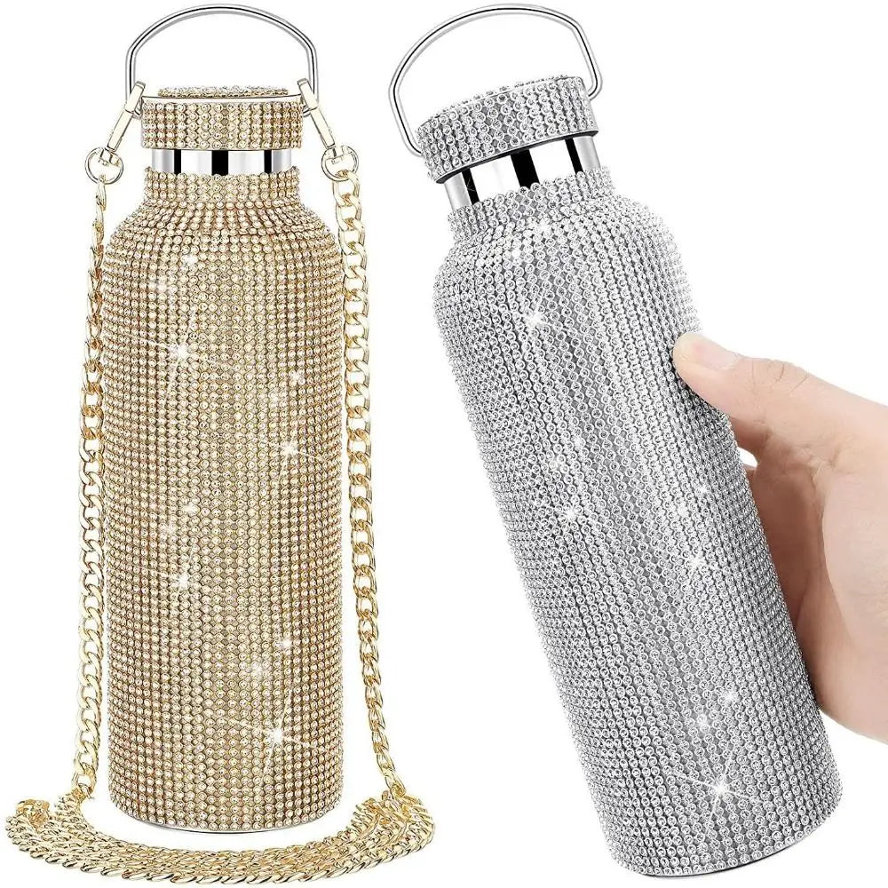 Rhinestone Stainless Steel Water Bottle with Carrying Strap