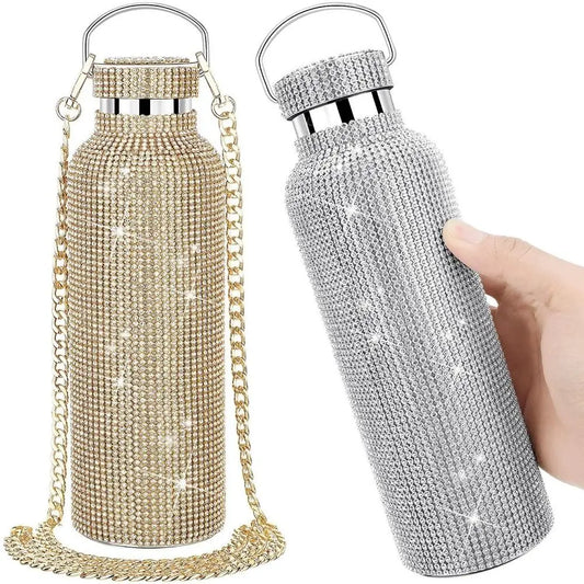Rhinestone Stainless Steel Water Bottle with Carrying Strap