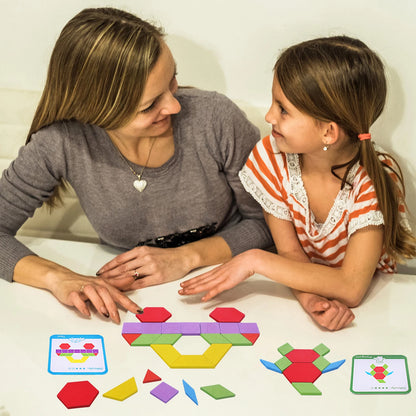 Wooden Geometric Pattern Blocks Set for Kids - 155 Pieces