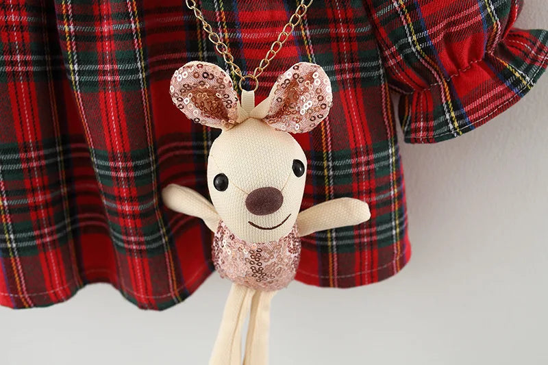 Red Plaid Baby Dress Set with Rabbit Doll for Girls
