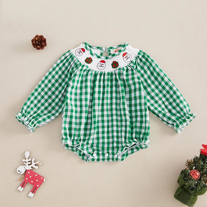 Baby Girl Christmas Plaid Bubble Romper with Embroidery