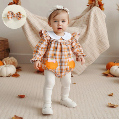 Baby Girls Plaid Romper with Embroidered Collar & Headband Set
