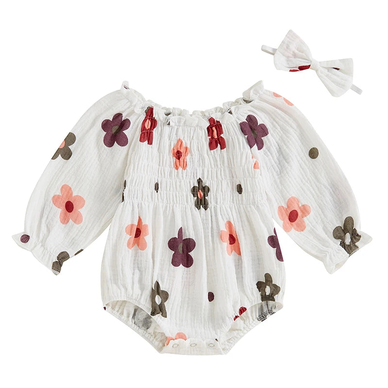 Autumn Floral Ruffled Bodysuit Set for Baby Girls with Headband