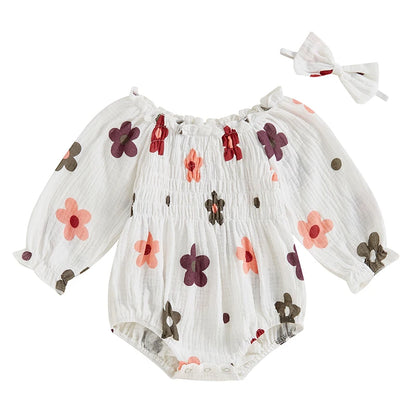 Autumn Floral Ruffled Bodysuit Set for Baby Girls with Headband