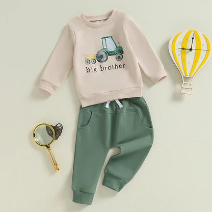 Boys' Autumn 2-Piece Tractor Print Top and Pants Set